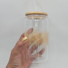 Load image into Gallery viewer, Hand painted glass tumbler with lid and straw- intricate henna inspired art in Gold.