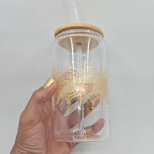 Load image into Gallery viewer, Hand painted glass tumbler with lid and straw- intricate henna inspired art in Gold.