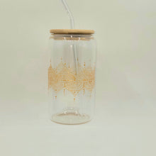 Load image into Gallery viewer, Hand painted glass tumbler with lid and straw- intricate henna inspired art in Gold.