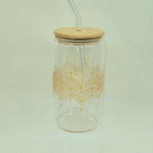 Load image into Gallery viewer, Hand painted glass tumbler with lid and straw- intricate henna inspired art in Gold.