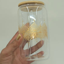 Load image into Gallery viewer, Hand painted glass tumbler with lid and straw- intricate henna inspired art in Gold.
