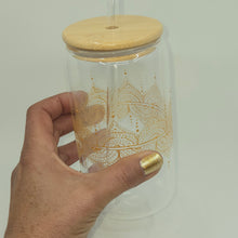 Load image into Gallery viewer, Hand painted glass tumbler with lid and straw- intricate henna inspired art in Gold.