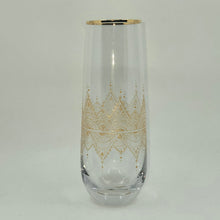 Load image into Gallery viewer, Hand Painted crystal champagne glasses - intricate henna inspired art in Gold.