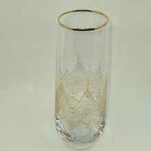 Load image into Gallery viewer, Hand Painted crystal champagne glasses - intricate henna inspired art in Gold.