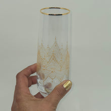 Load image into Gallery viewer, Hand Painted crystal champagne glasses - intricate henna inspired art in Gold.