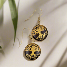 Load image into Gallery viewer, Tree of Life- handpainted wood earrings gold on dark brown