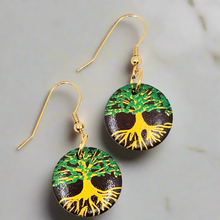 Load image into Gallery viewer, Tree of Life- handpainted wood earrings gold and green on dark brown