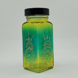 Hand Stained-Painted glass jar -green fading to yellow (ombre) with intricate gold (henna style) designs -spice jar