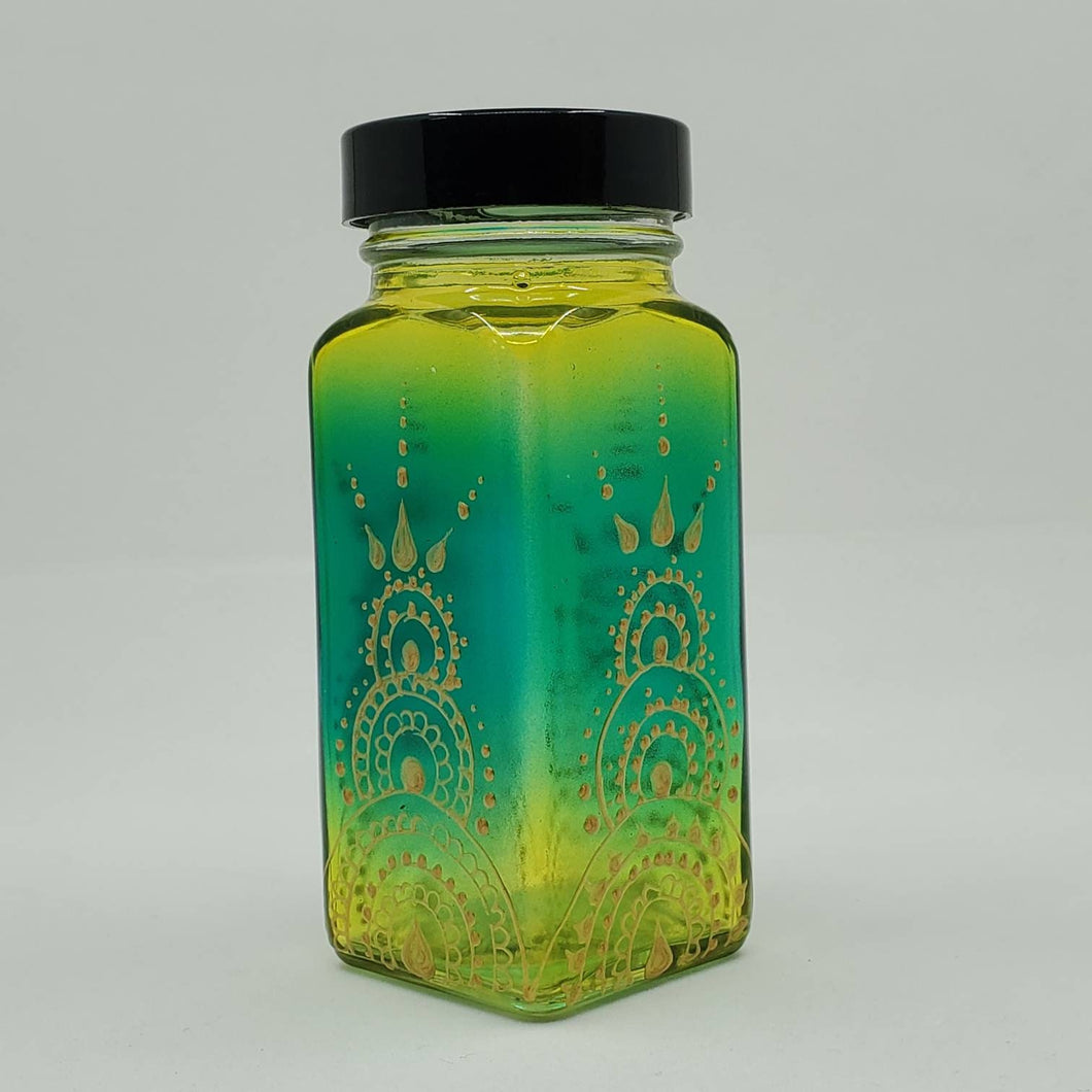 Hand Stained-Painted glass jar -green fading to yellow (ombre) with intricate gold (henna style) designs -spice jar