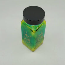 Load image into Gallery viewer, Hand Stained-Painted glass jar -green fading to yellow (ombre) with intricate gold (henna style) designs -spice jar