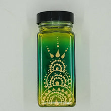 Load image into Gallery viewer, Hand Stained-Painted glass jar -green fading to yellow (ombre) with intricate gold (henna style) designs -spice jar
