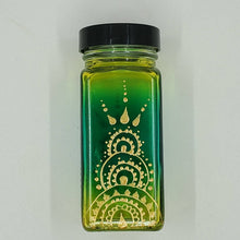 Load image into Gallery viewer, Hand Stained-Painted glass jar -green fading to yellow (ombre) with intricate gold (henna style) designs -spice jar