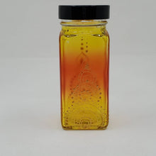 Load image into Gallery viewer, Hand Stained-Painted Jar -orange fading to yellow (hombre) with intricate gold (henna style) designs -Spice jar