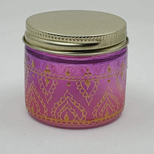 Load image into Gallery viewer, Hand Stained-Painted glass jar -pink fading to purple (ombre) with intricate gold (henna style) designs