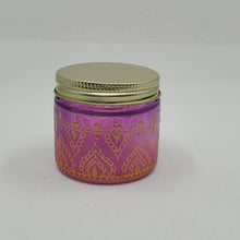 Load image into Gallery viewer, Hand Stained-Painted glass jar -pink fading to purple (ombre) with intricate gold (henna style) designs
