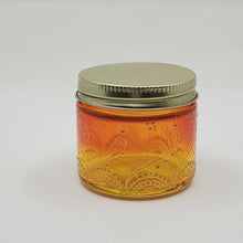 Load image into Gallery viewer, Hand Stained-Painted glass jar - orange fading to yellow (ombre) with intricate gold (henna style) designs.
