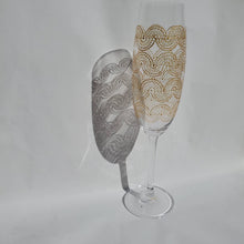 Load image into Gallery viewer, Hand Painted Champagne Glass with intricate Gold Bohemian Henna Designs. Elegant and stunning