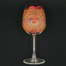Load image into Gallery viewer, Hand Painted Wine Glass with intricate Gold Bohemian Henna Designs. Elegant and stunning