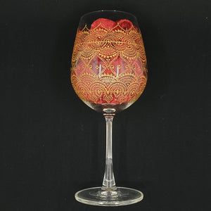 Hand Painted Wine Glass with intricate Gold Bohemian Henna Designs. Elegant and stunning