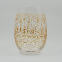 Load image into Gallery viewer, Hand Painted Sacred Goddess Chalice Goblet Wine Glass . Goddess figure with moon cycles and intricate gold (henna style) designs