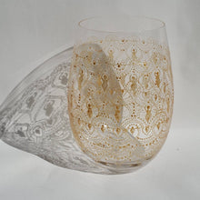 Load image into Gallery viewer, Hand Painted Sacred Goddess Chalice Goblet Wine Glass . Goddess figure with moon cycles and intricate gold (henna style) designs