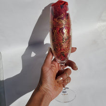 Load image into Gallery viewer, Hand Painted Sacred Goddess Chalice Champagne Glass . Goddess figure with moon cycles and intricate gold (henna style) designs