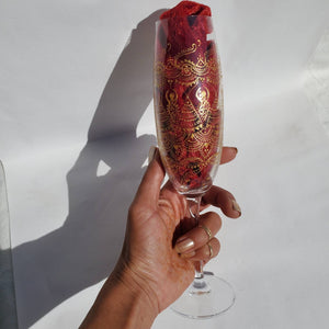 Hand Painted Sacred Goddess Chalice Champagne Glass . Goddess figure with moon cycles and intricate gold (henna style) designs