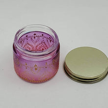 Load image into Gallery viewer, Hand Stained-Painted glass jar -pink fading to purple (ombre) with intricate gold (henna style) designs