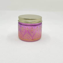 Load image into Gallery viewer, Hand Stained-Painted glass jar -pink fading to purple (ombre) with intricate gold (henna style) designs