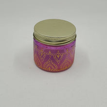 Load image into Gallery viewer, Hand Stained-Painted glass jar -pink fading to purple (ombre) with intricate gold (henna style) designs
