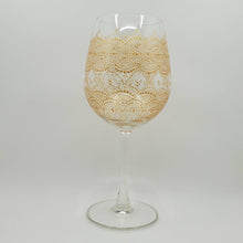 Load image into Gallery viewer, Hand Painted Wine Glass with intricate Gold Bohemian Henna Designs. Elegant and stunning