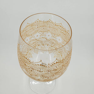Hand Painted Wine Glass with intricate Gold Bohemian Henna Designs. Elegant and stunning