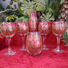 Load image into Gallery viewer, Hand Painted Sacred Goddess Chalice Champagne Glass . Goddess figure with moon cycles and intricate gold (henna style) designs