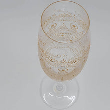 Load image into Gallery viewer, Hand Painted Sacred Goddess Chalice Champagne Glass . Goddess figure with moon cycles and intricate gold (henna style) designs