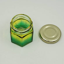 Load image into Gallery viewer, Hand Stained-Painted glass jar- green fading to yellow with intricate gold henna style designs in gold