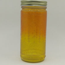 Load image into Gallery viewer, Hand Stained-Painted glass jar- orange fading to yellow (Ombre) with intricate gold 'henna style' designs. Bohemian centerpiece.