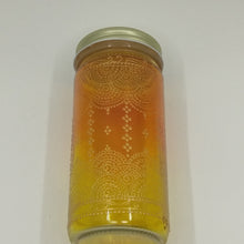 Load image into Gallery viewer, Hand Stained-Painted glass jar- orange fading to yellow (Ombre) with intricate gold 'henna style' designs. Bohemian centerpiece.