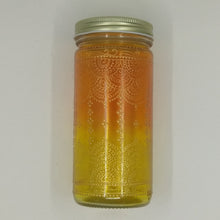 Load image into Gallery viewer, Hand Stained-Painted glass jar- orange fading to yellow (Ombre) with intricate gold 'henna style' designs. Bohemian centerpiece.