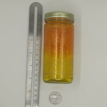 Load image into Gallery viewer, Hand Stained-Painted glass jar- orange fading to yellow (Ombre) with intricate gold 'henna style' designs. Bohemian centerpiece.