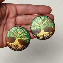 Load image into Gallery viewer, Tree of Life-  handpainted wood earrings - Gold and green. Boho
