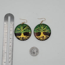 Load image into Gallery viewer, Tree of Life- handpainted wood earrings - Gold and green. Boho