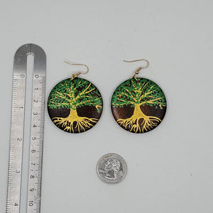 Tree of Life-  handpainted wood earrings - Gold and green. Boho