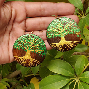 Tree of Life-  handpainted wood earrings - Gold and green. Boho