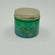 Load image into Gallery viewer, Hand Stained-Painted glass jar - green fading to blue (ombre) with intricate gold (henna style) designs.