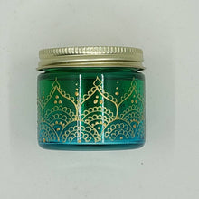 Load image into Gallery viewer, Hand Stained-Painted glass jar - green fading to blue (ombre) with intricate gold (henna style) designs.