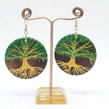 Load image into Gallery viewer, Tree of Life-  handpainted wood earrings - Gold and green. Boho
