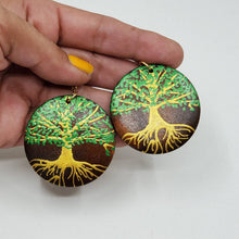 Load image into Gallery viewer, Tree of Life- handpainted wood earrings - Gold and green. Boho