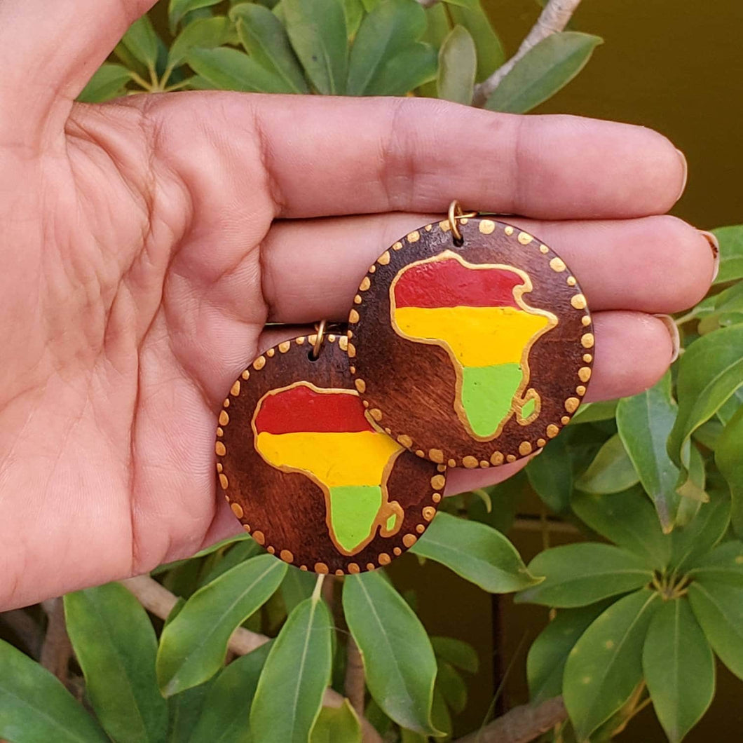 Rasta- Africa 'red gold and green' -hand painted wood earrings