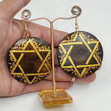 Load image into Gallery viewer, Rasta- Star of David 'brown and gold' -hand painted wood earrings
