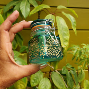 Hand Stained-Painted glass jar - blue fading to green (ombre) with intricate gold (henna style) designs.